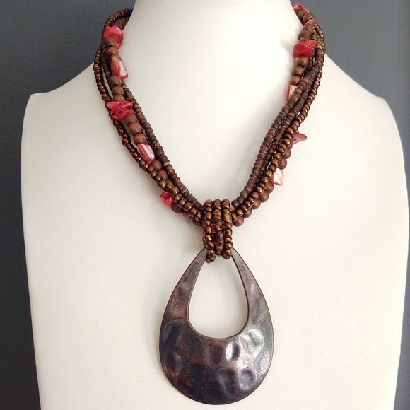 Jewelry - Copper/bronze, orange red shell and wooden bead pendant necklace